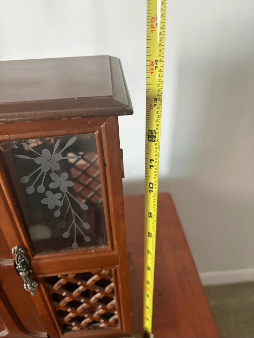 Wood Jewelry Armoire Box Etched Glass Doors Mirror